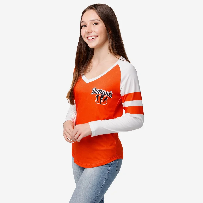 Cincinnati Bengals Womens Script Wordmark Striped Sleeve Raglan Shirt