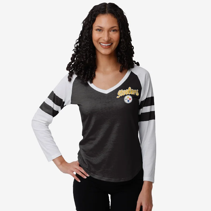 Pittsburgh Steelers Womens Script Wordmark Striped Sleeve Raglan T-Shirt