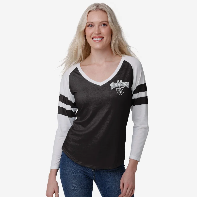 Las Vegas Raiders Womens Script Wordmark Striped Sleeve Raglan T-Shirt