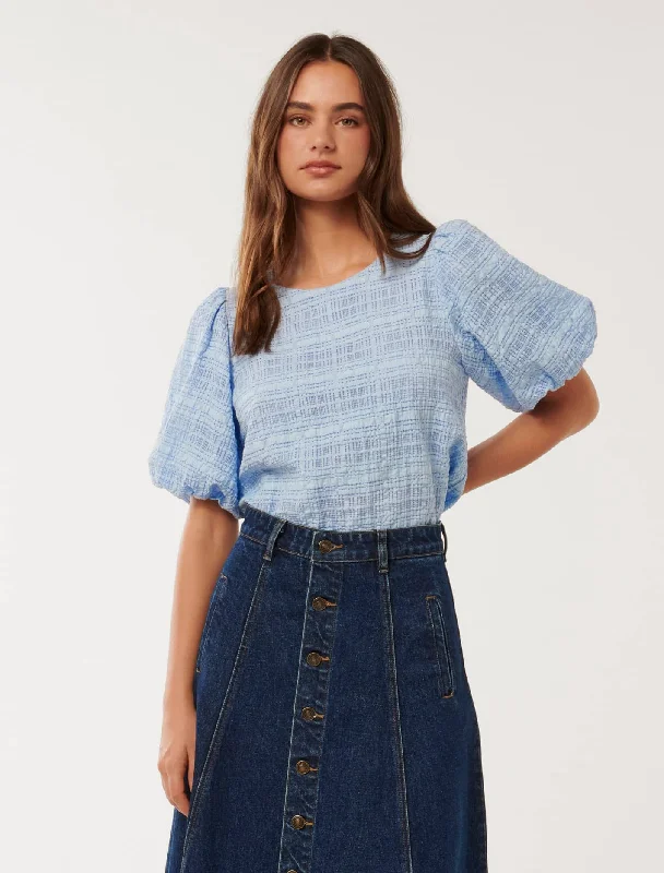 Sara Check Bubble Sleeve Top