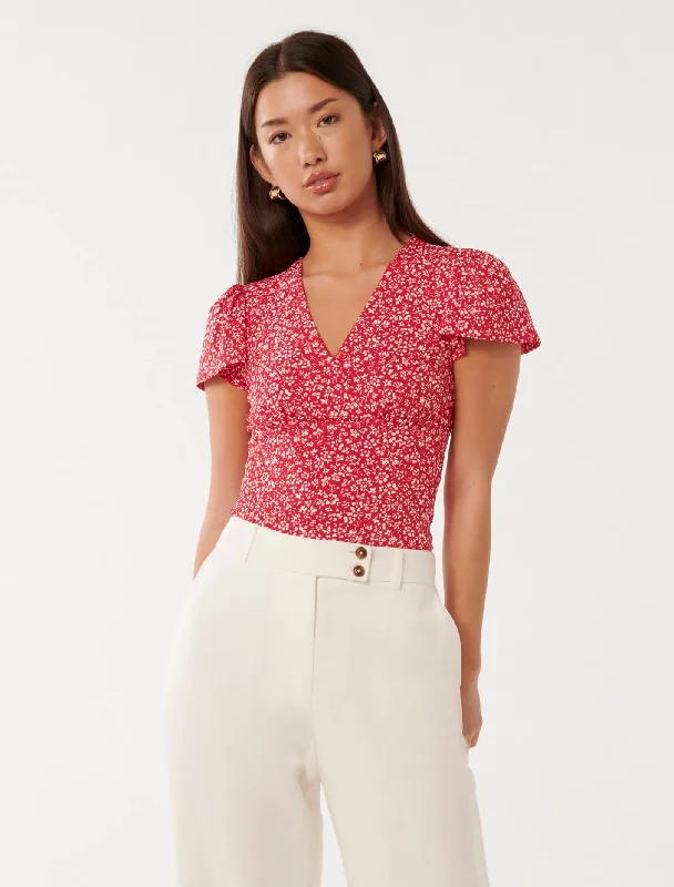 Lulu Printed Flutter Sleeve Top