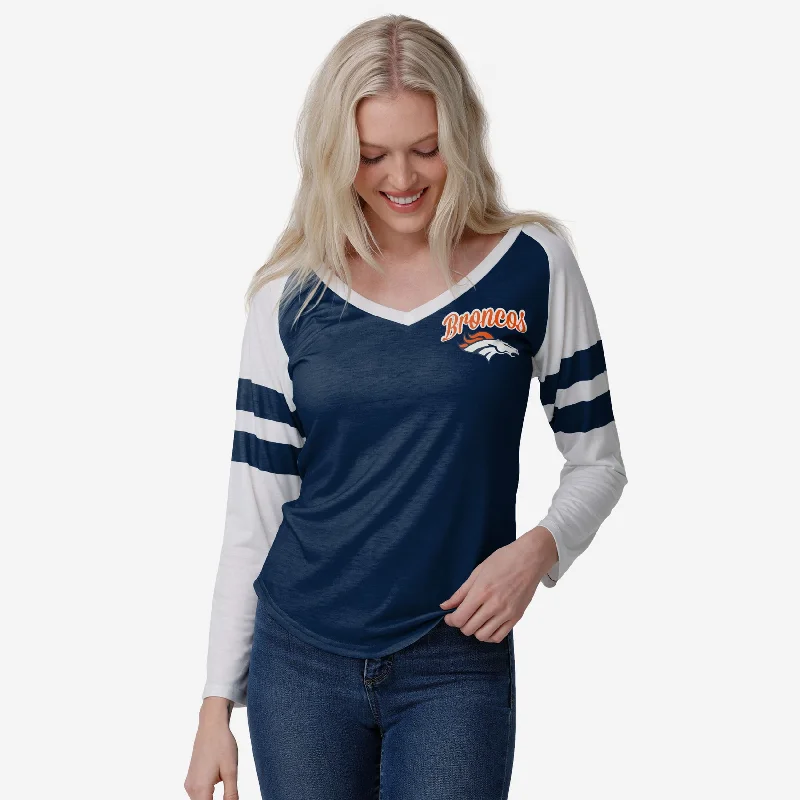 Denver Broncos Womens Script Wordmark Striped Sleeve Raglan T-Shirt