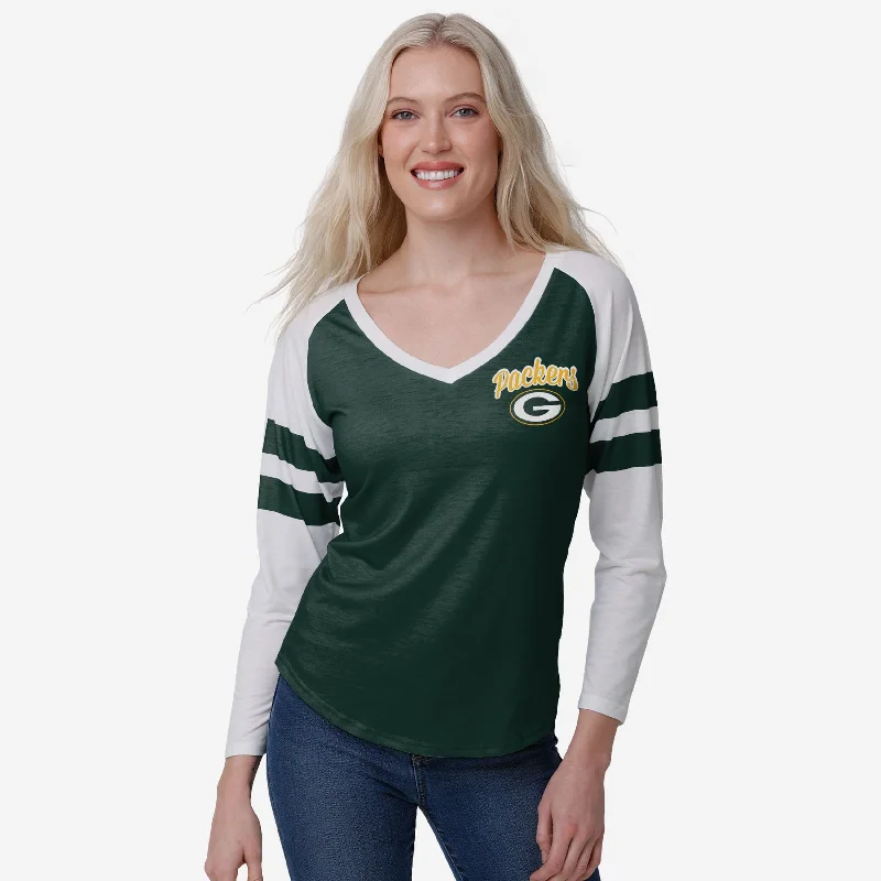 Green Bay Packers Womens Script Wordmark Striped Sleeve Raglan T-Shirt