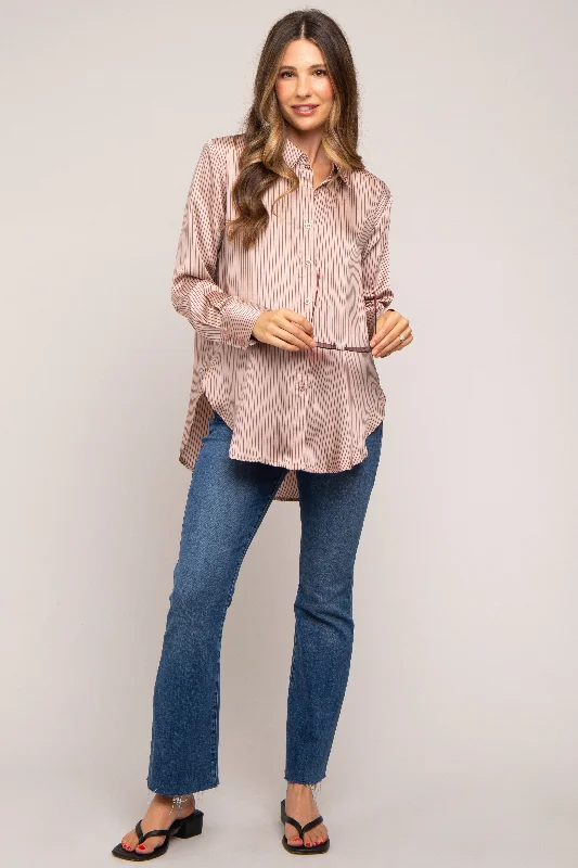 Mauve Striped Satin Maternity Button Up Top