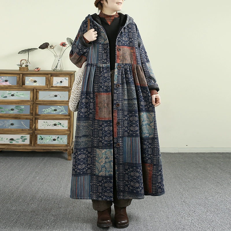 Women Winter Vintage Floral Fleece-Lined Hooded Maxi Dress Coat