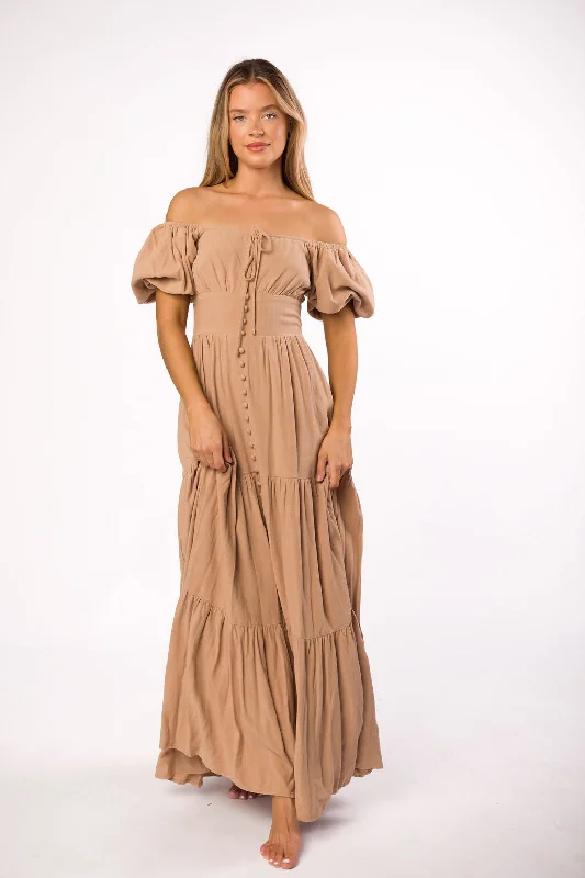 Genevieve Tiered Maxi Dress in Latte