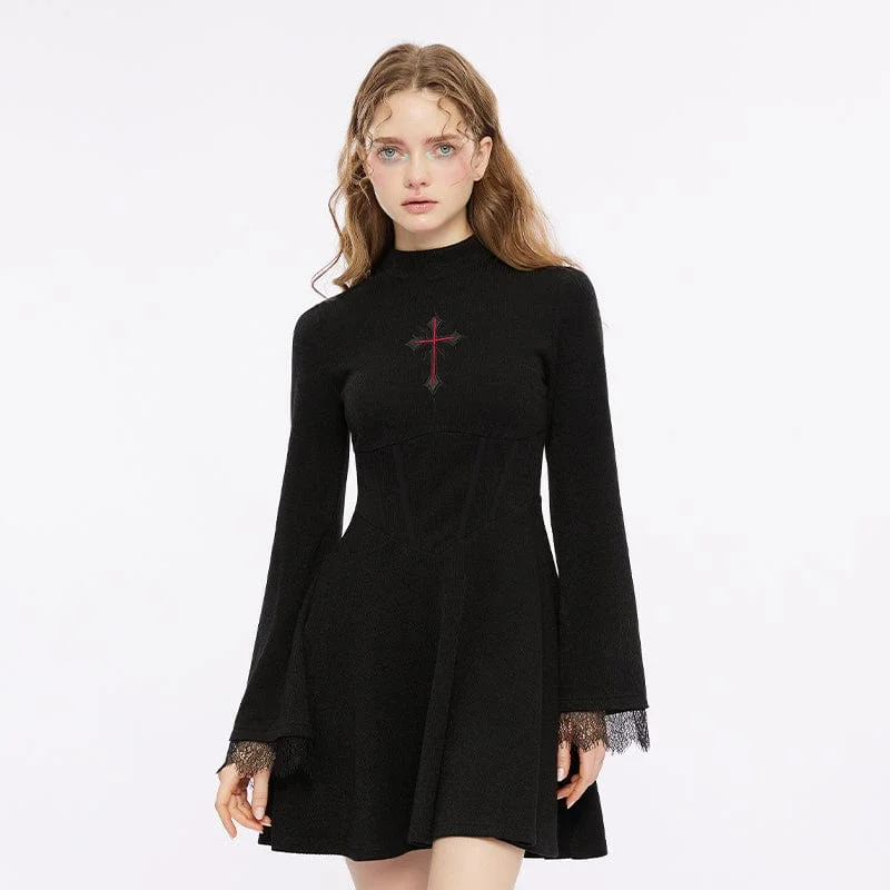 Women's Gothic Cross Embroidered Lace Splice Dress