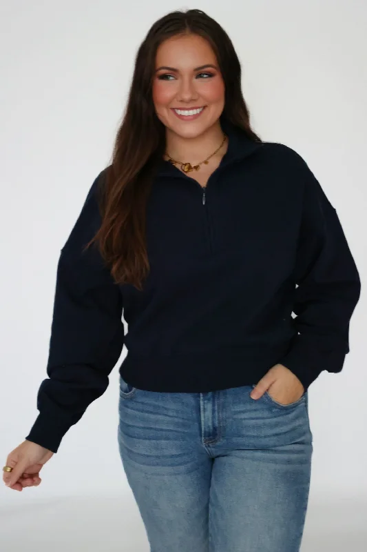 Sporty Half Zip Sweatshirt- Navy