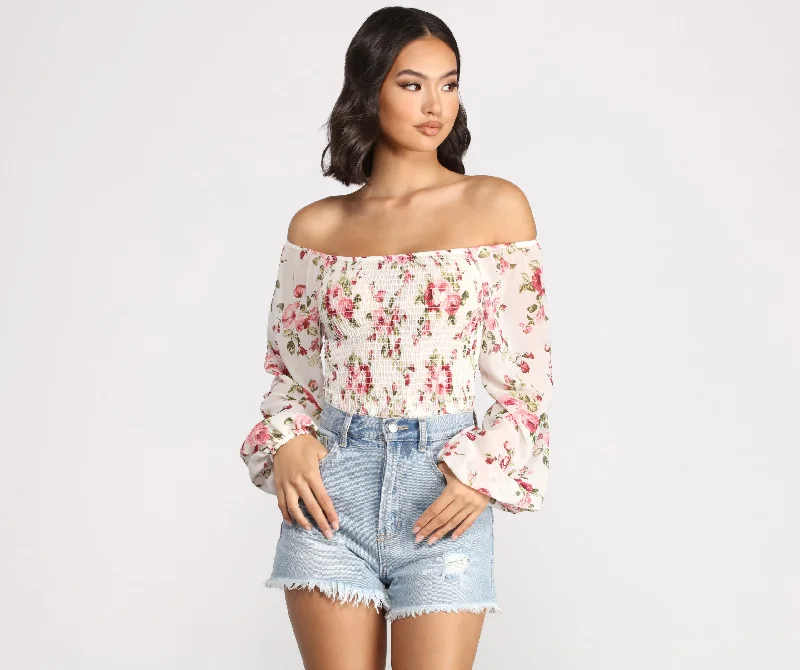 Off The Shoulder Floral Smocked Top