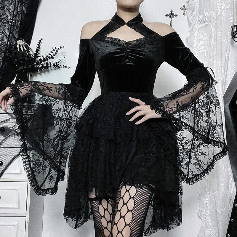 Women's Gothic Trumpet Sleeved Lace Velvet Dress