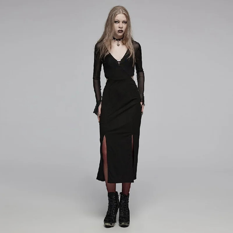 Women's Gothic Plunging Mesh Splice Cutout Dress