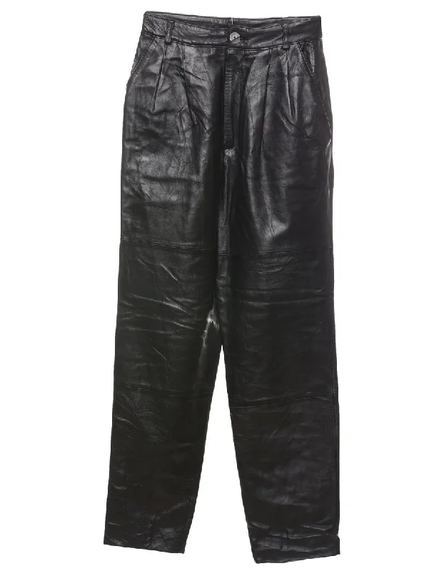 Black High Waist Leather Pleated Trousers - W26 L30