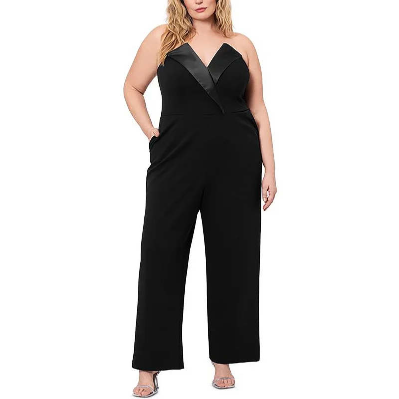 Betsy & Adam Womens Petites Tasha Satin Trim Strapless Jumpsuit