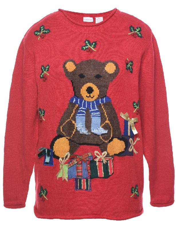 Teddy Bear Print Christmas Jumper - L