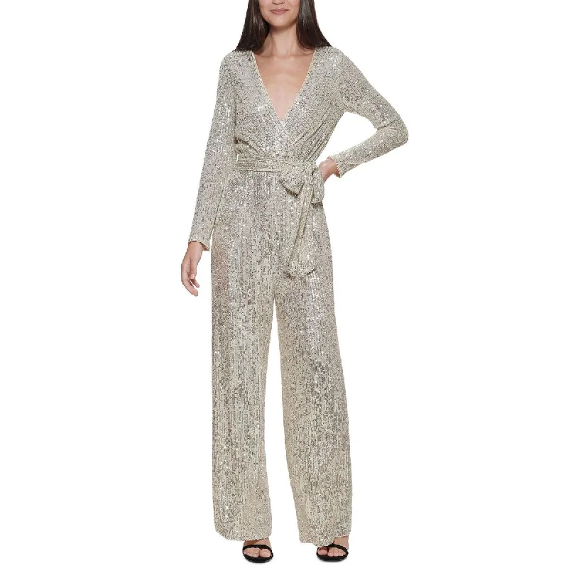 Eliza J Womens Petites Sequined Surplice Jumpsuit