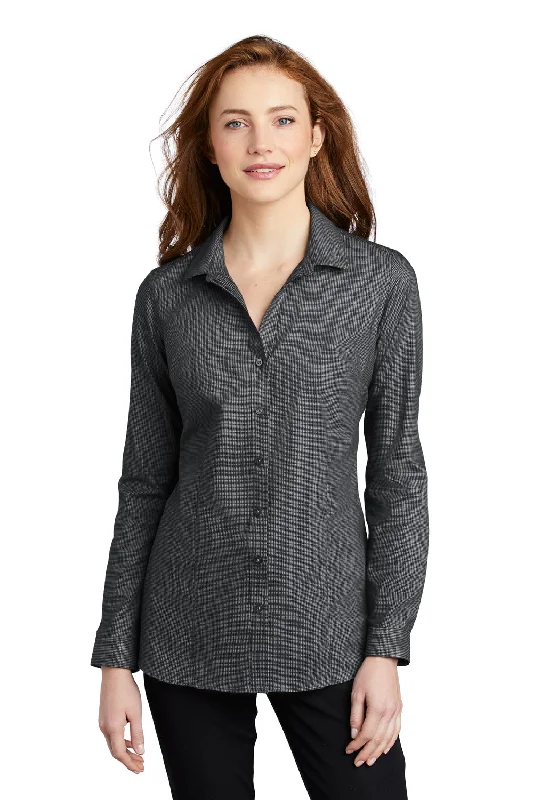 Port Authority Womens Pincheck Wrinkle Resistant Long Sleeve Button Down Shirt - Black/Steel Grey - Closeout