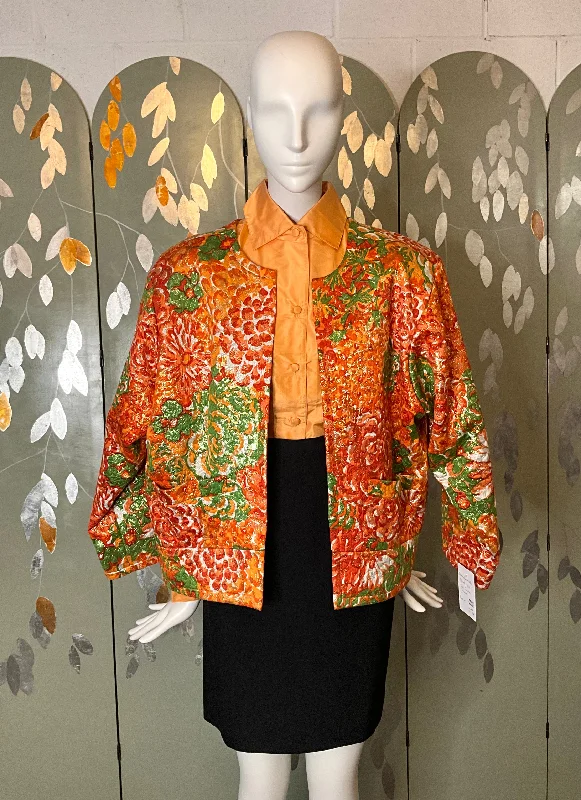 Vintage 80s/90s Orange and Green Metallic Floral Brocade Yves Saint Laurent Topper Jacket, XL