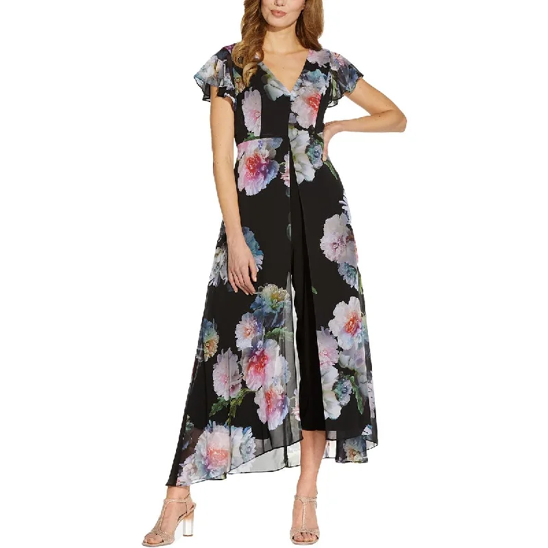 Adrianna Papell Womens Plus Chiffon Overlay Floral Jumpsuit