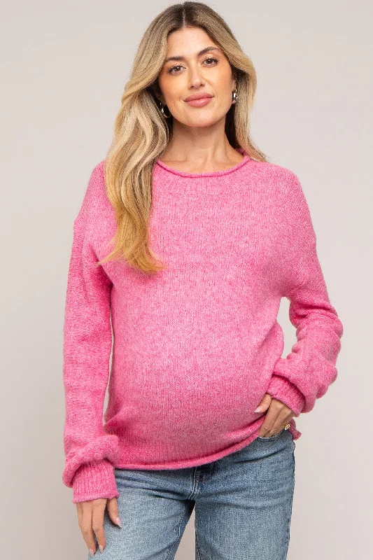 Pink Soft Knit Rolled Hem Maternity Sweater