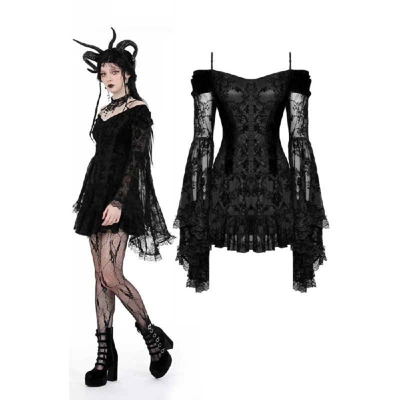 Women's Gothic Off Shoulder Velvet Splice Mesh Dress