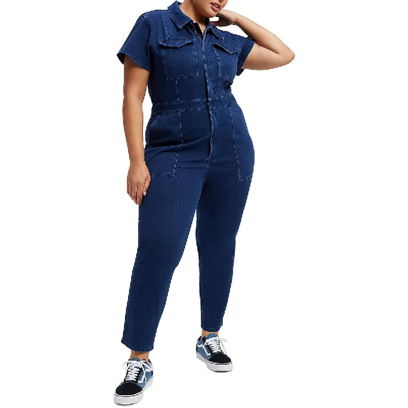 Good American Womens Denim Collar Jumpsuit