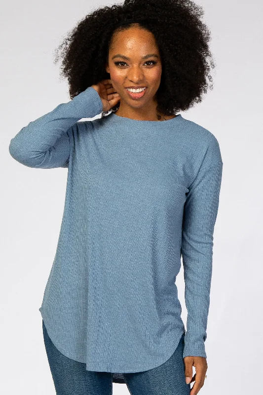 Denim Blue Long Sleeve Ribbed Top