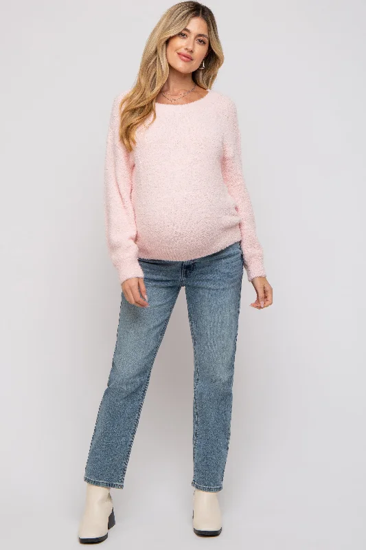 Light Pink Fuzzy Soft Knit Maternity Sweater