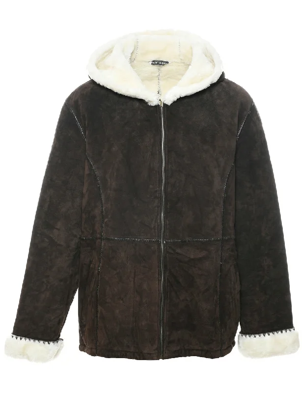 Dark Brown Faux Shearling Suede Jacket - XL