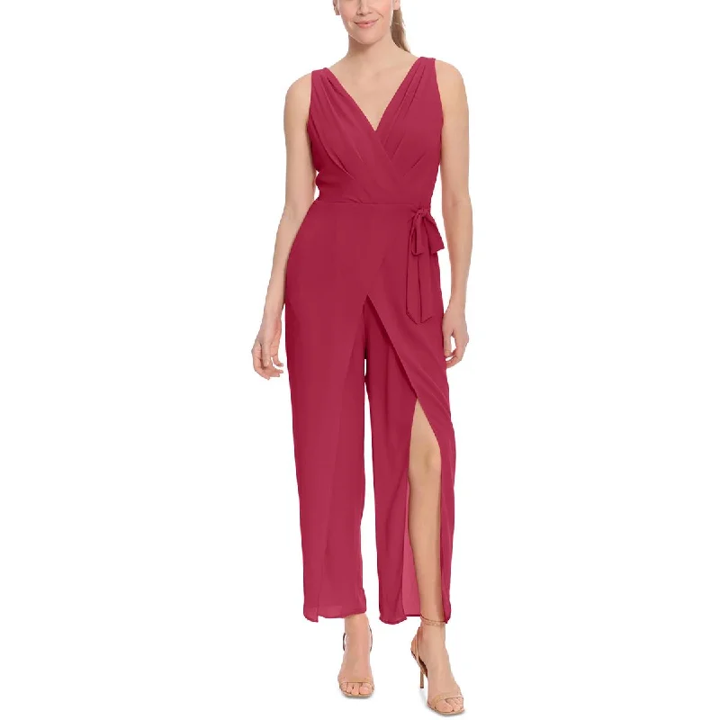 London Times Womens Faux Wrap Sleeveless Jumpsuit