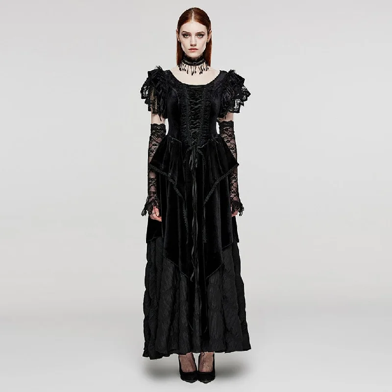 Women's Gothic Ruffled Layered Velvet Wedding Dress with Oversleeves