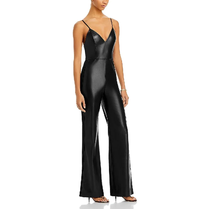 Alice and Olivia Womens Christena Faux Leather Wide Leg Jumpsuit