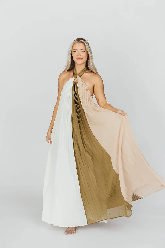 Stevie Halter Color-Block Pleated Maxi Dress in Olive Multi