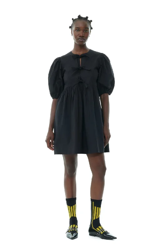 Ganni - Black Cotton Poplin Tie String Mini Dress