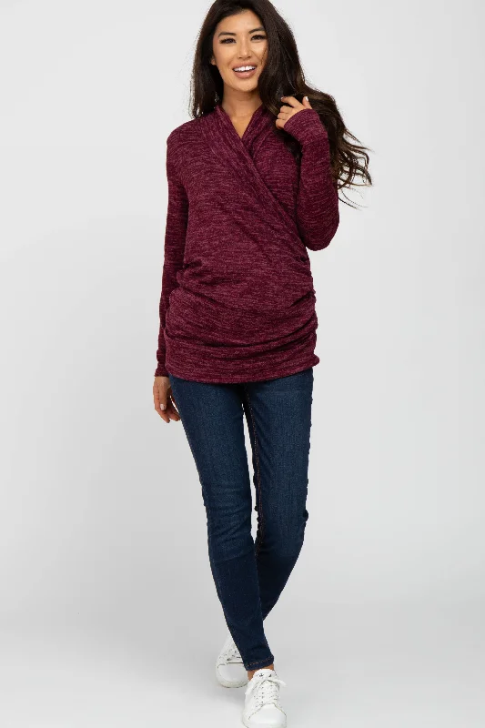 Burgundy Soft Heathered Draped Wrap Nursing Top