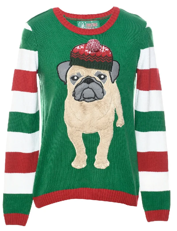 Pug Patchwork Dark Green Christmas Jumper - M