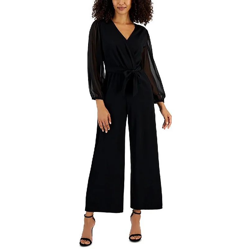 Connected Apparel Womens Petites Tie-Wiast Wide Leg Jumpsuit