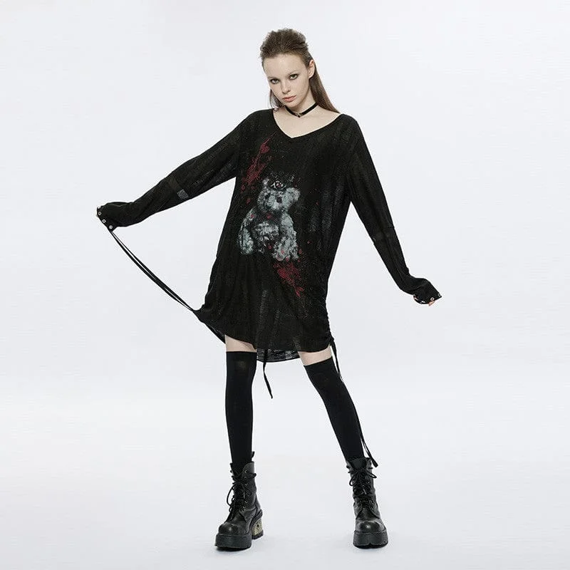 Women's Grunge V-neck Bear Printed Loose Shirt Dress