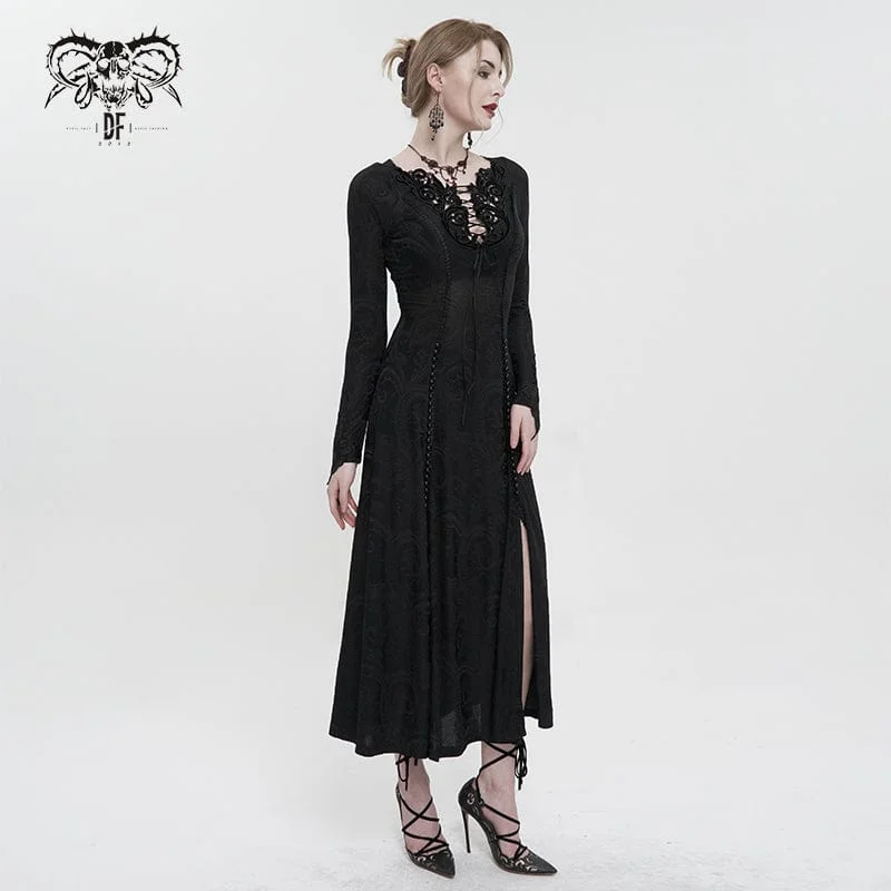 Women's Gothic Strappy Plunging Floral Embroidered Dress