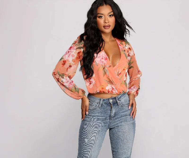 Floral Rush Surplice Mesh Top