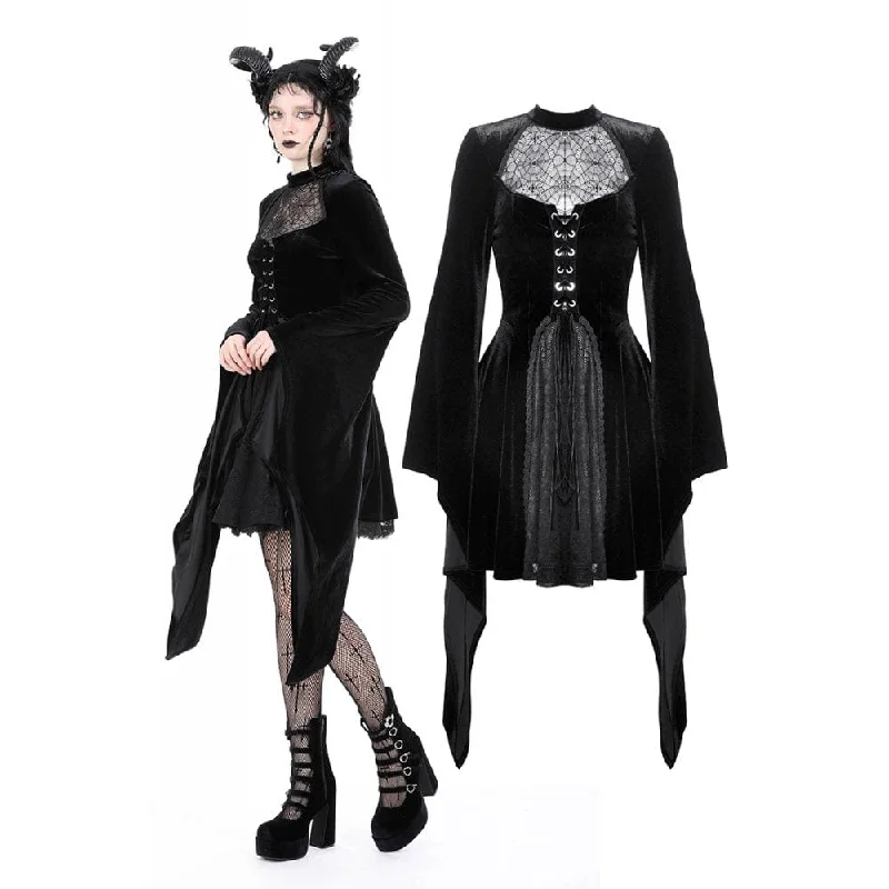 Women's Gothic Flared Sleeved Spider Mesh Splice Velvet Wedding Dress