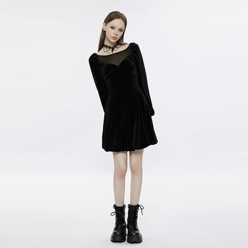 Women's Gothic Strappy Puff Sleeved Velvet Dress